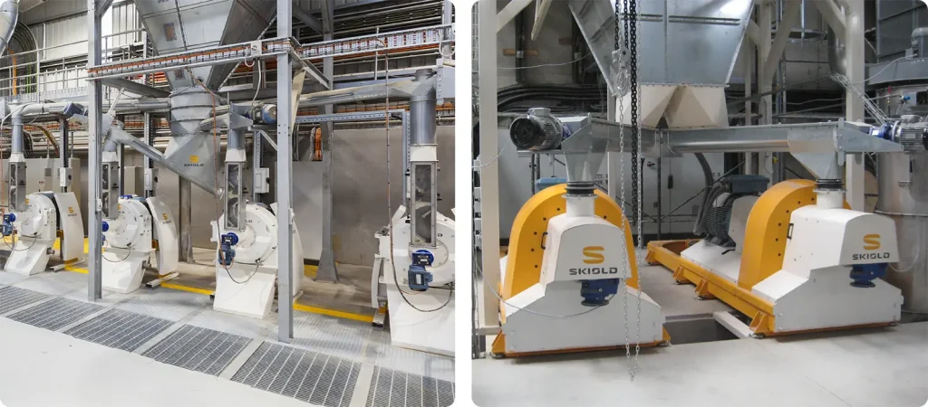 SKIOLD diskové mlýny, šrotovníky Struktura krmiva & instalace